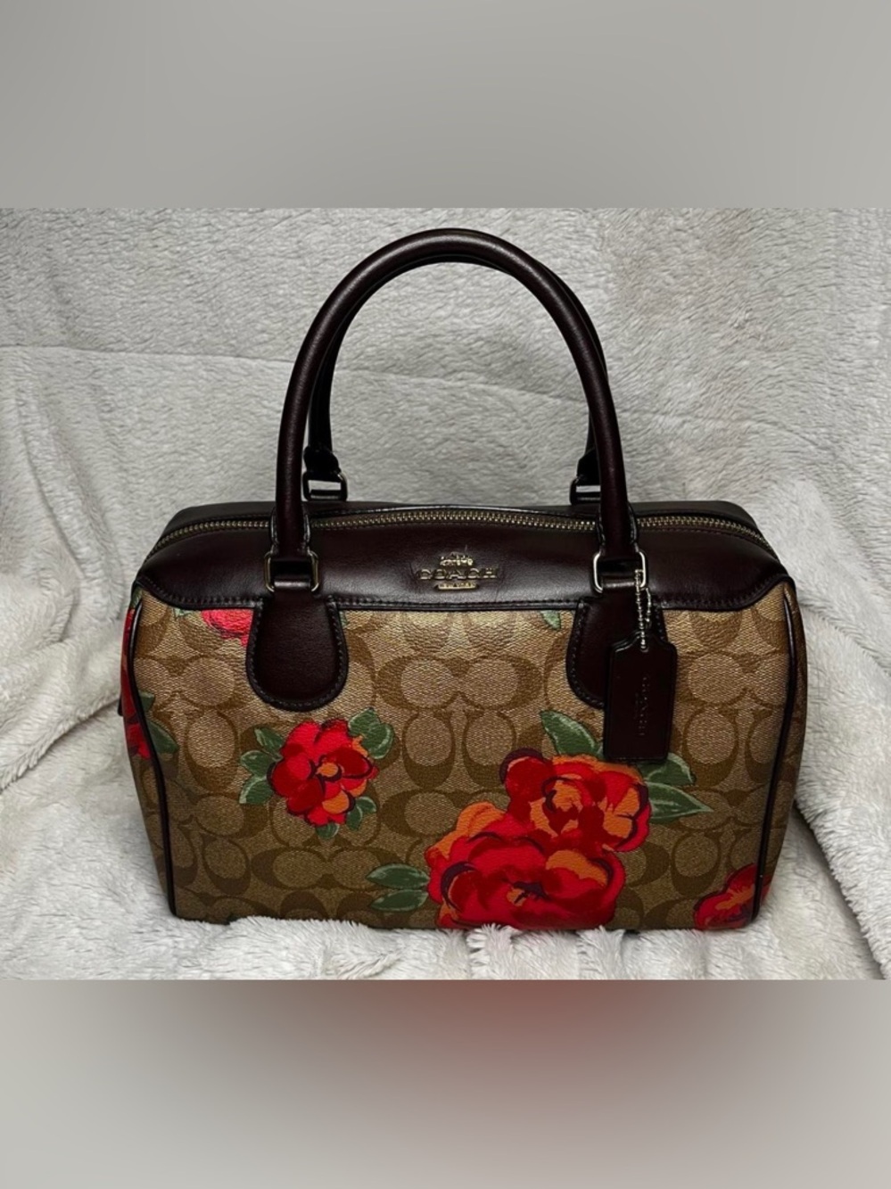 Coach Brown Signature Satchel with Red Floral Print - Picture 2 of 11